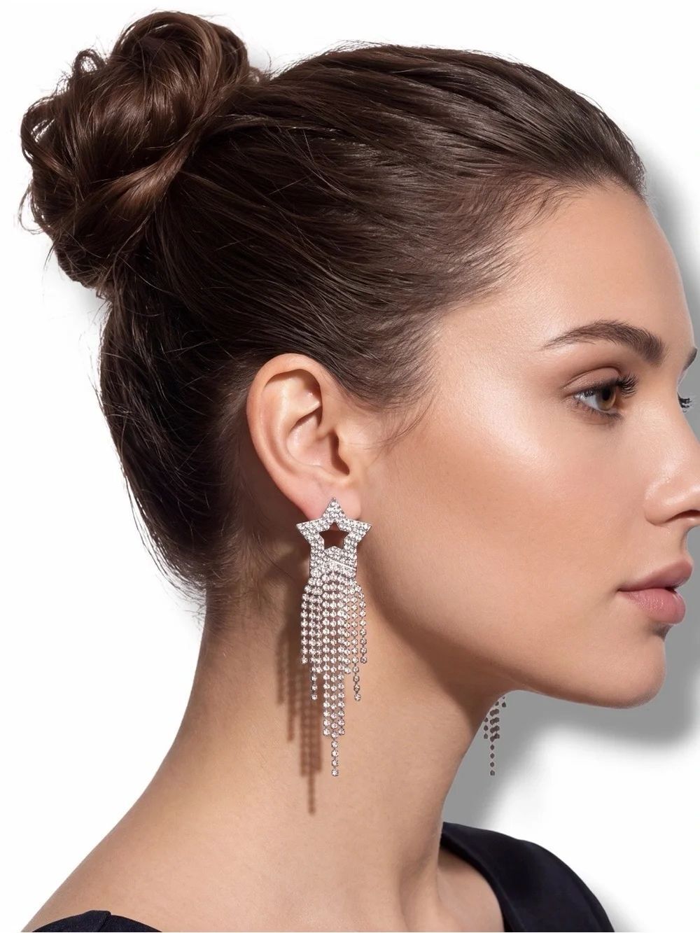 Silver Sparkling Open Stars Tassel Earrings OS NWT